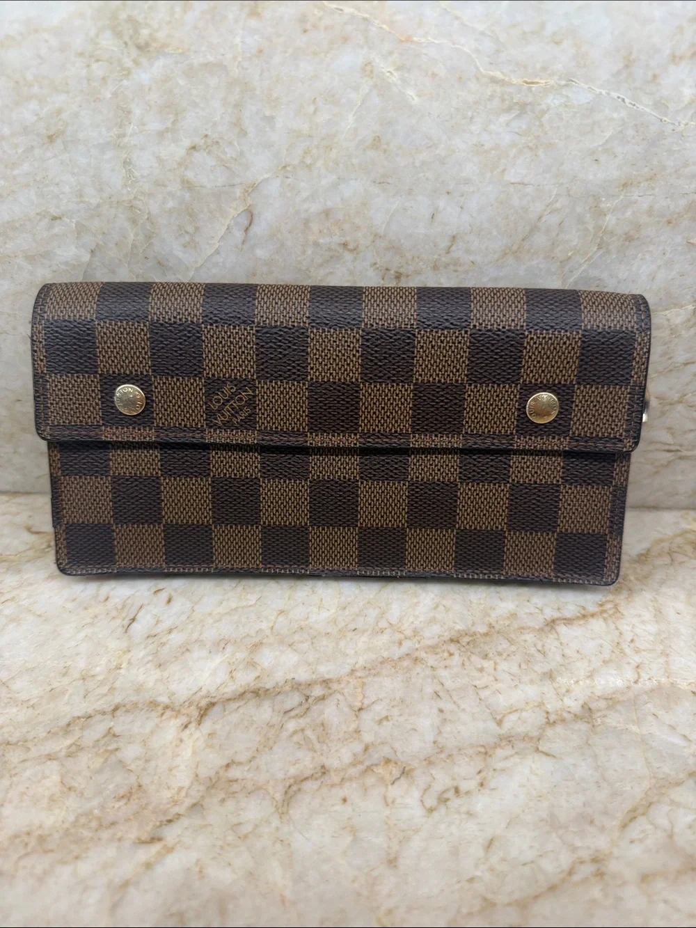 Louis Vuitton Brown Damier Ebene Check Fold-Over Wallet with Gold Hardware